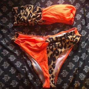 Leopard twist bandeau with low rise bikini set